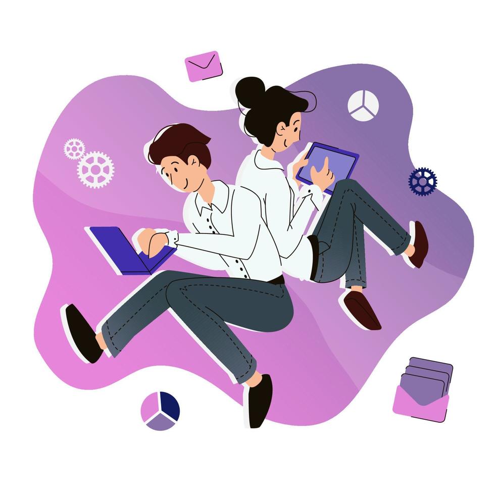 Man and woman uses a tablet. The concept of working online through gadgets on a color background vector