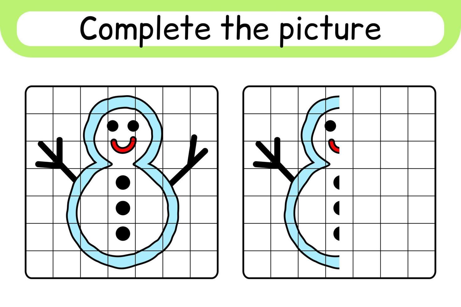 Complete the picture snowman. Copy the picture and color. Finish the image. Coloring book. Educational drawing exercise game for children vector