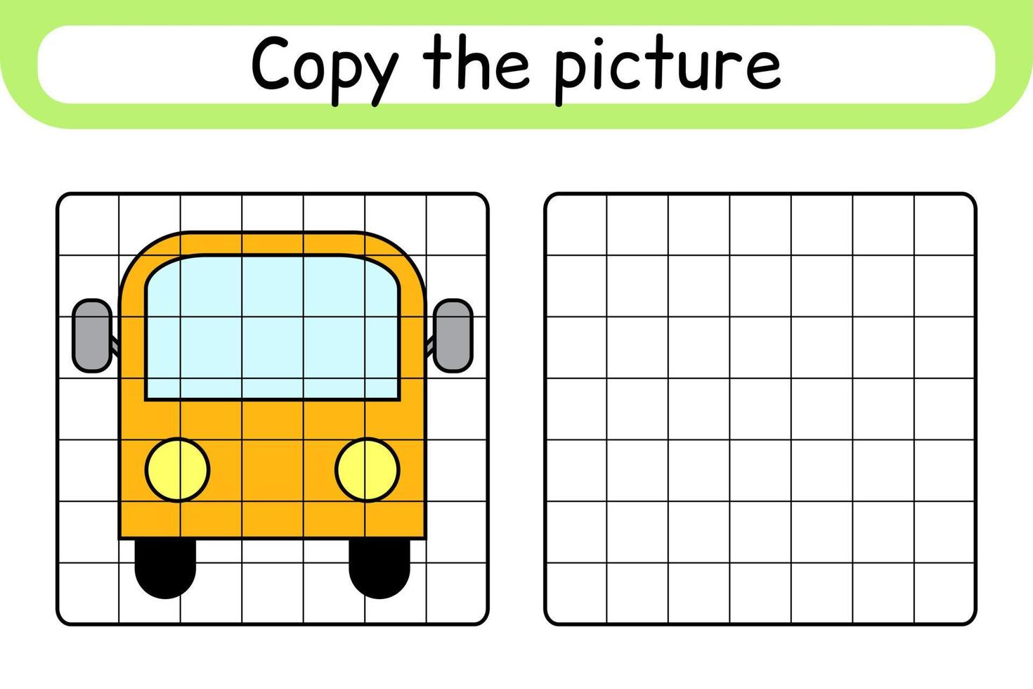 Copy the picture and color bus. Complete the picture. Finish the image. Coloring book. Educational drawing exercise game for children vector