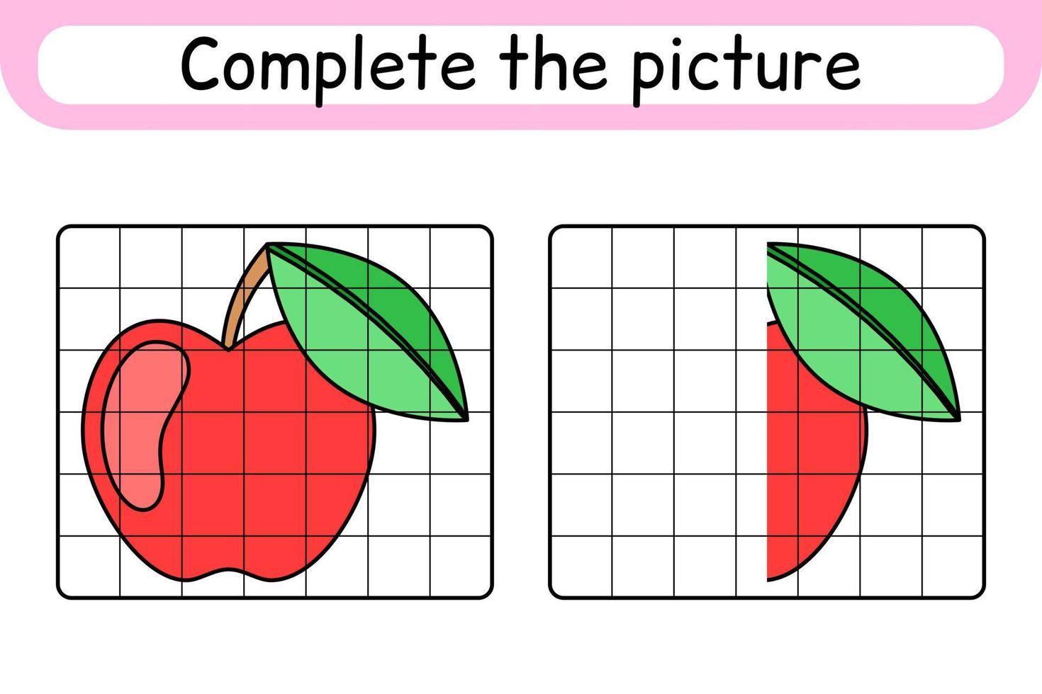 completa la imagen de la manzana. copiar la imagen y el color. terminar la imagen. libro de colorear. juego educativo de ejercicios de dibujo para niños vector