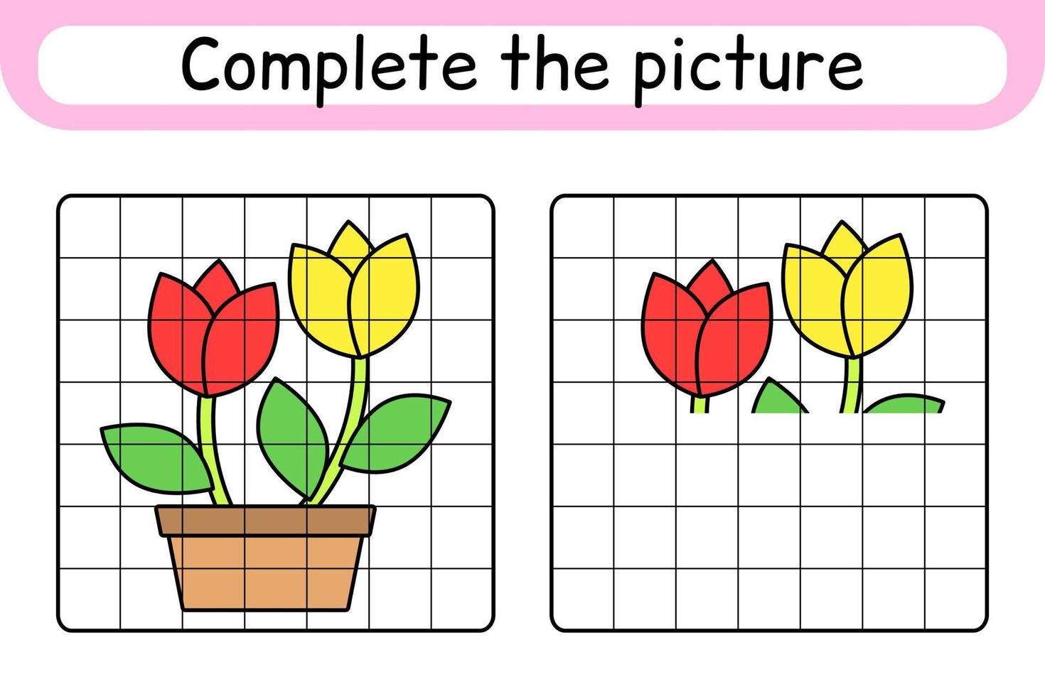 Complete the picture flower tulip. Copy the picture and color. Finish the image. Coloring book. Educational drawing exercise game for children vector