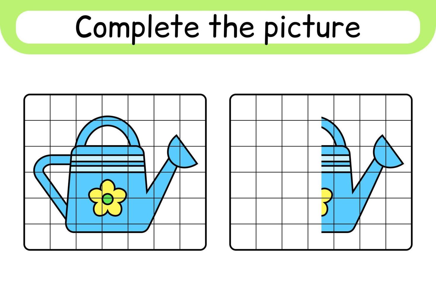 Complete the picture watering can. Copy the picture and color. Finish the image. Coloring book. Educational drawing exercise game for children vector