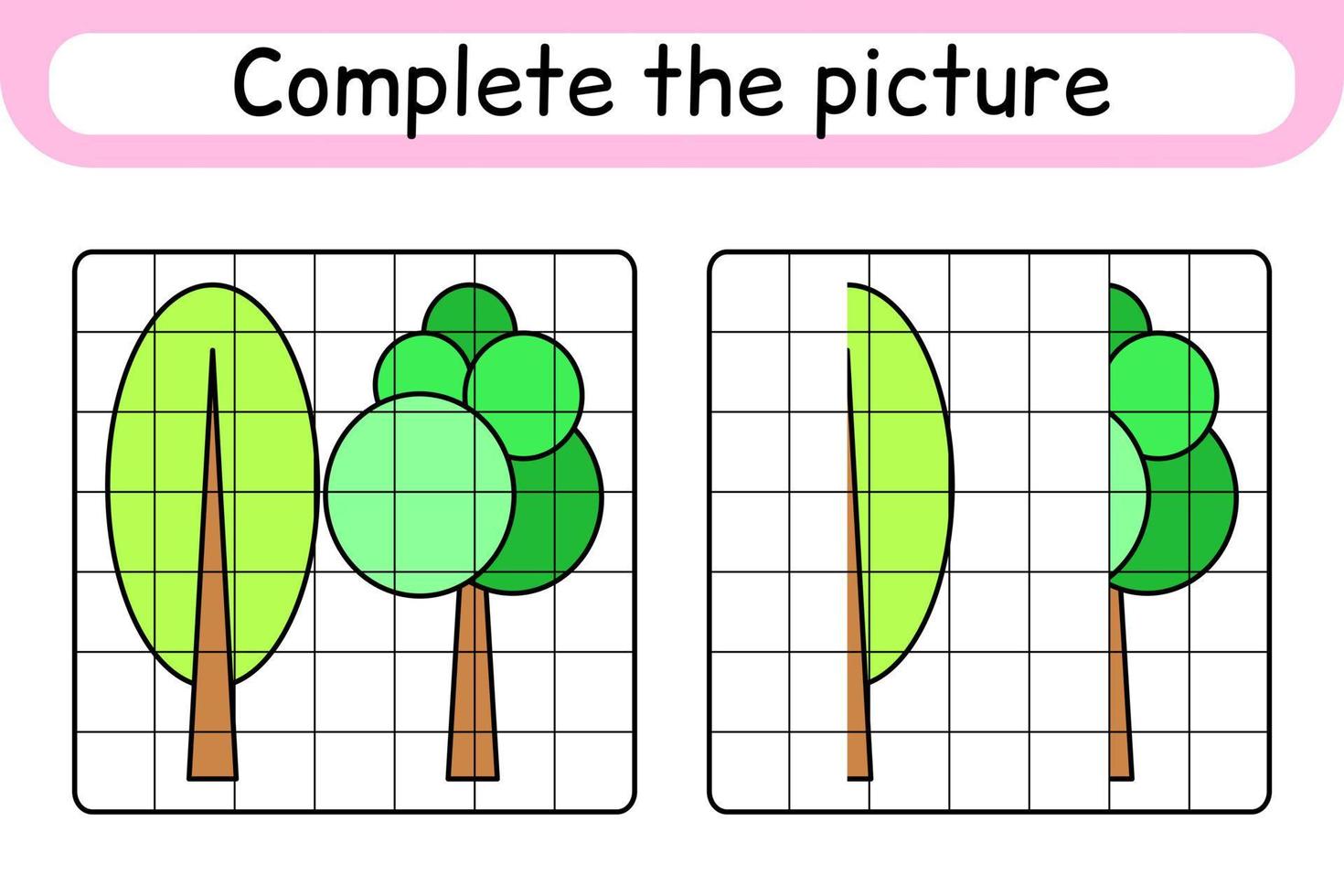 completa el árbol de imágenes. copiar la imagen y el color. terminar la imagen. libro de colorear. juego educativo de ejercicios de dibujo para niños vector