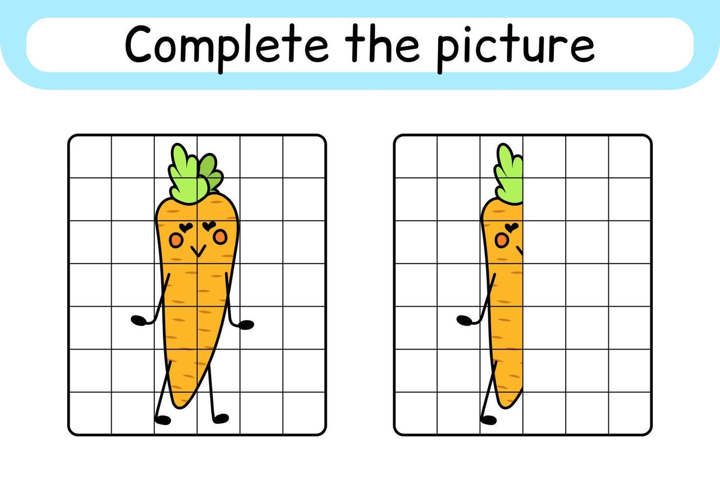 Complete the picture carrot. Copy the picture and color. Finish the image. Coloring book. Educational drawing exercise game for children vector