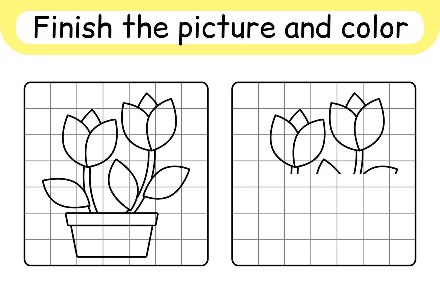 Complete the picture flower tulip. Copy the picture and color. Finish the image. Coloring book. Educational drawing exercise game for children vector