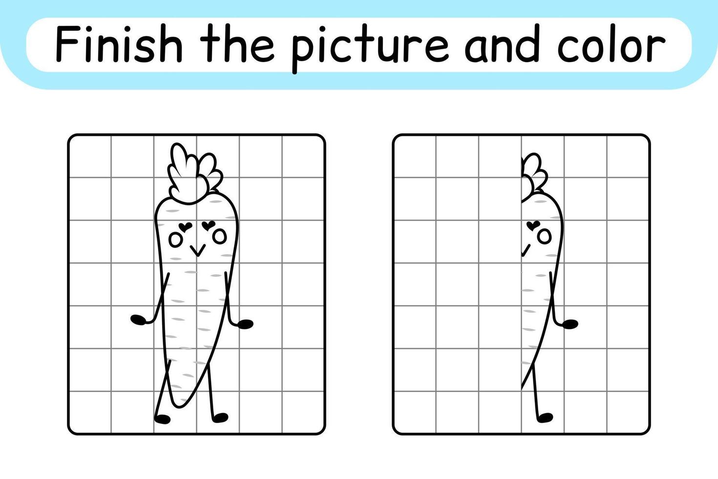 Complete the picture carrot. Copy the picture and color. Finish the image. Coloring book. Educational drawing exercise game for children vector