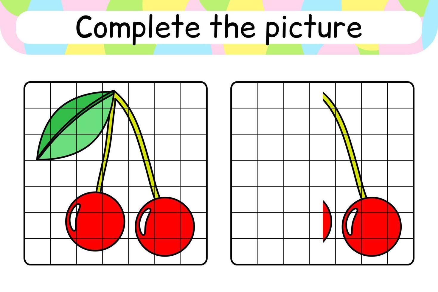 completa el cuadro cereza. copiar la imagen y el color. terminar la imagen. libro de colorear. juego educativo de ejercicios de dibujo para niños vector