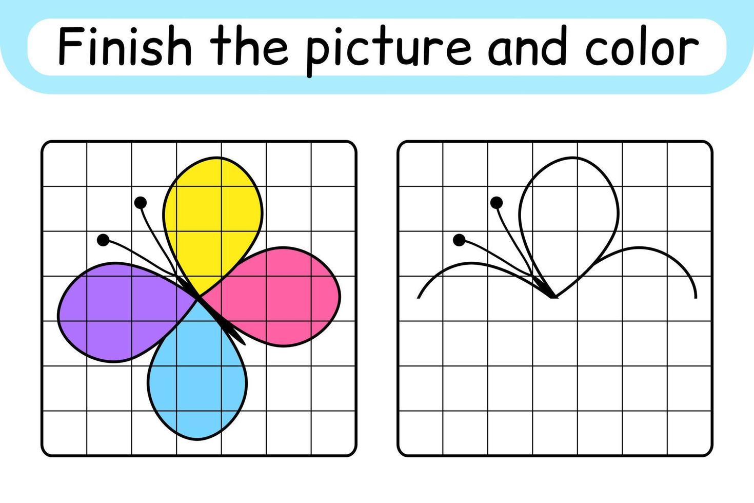 Completa la imagen de la mariposa. copiar la imagen y el color. terminar la imagen. libro de colorear. juego educativo de ejercicios de dibujo para niños vector