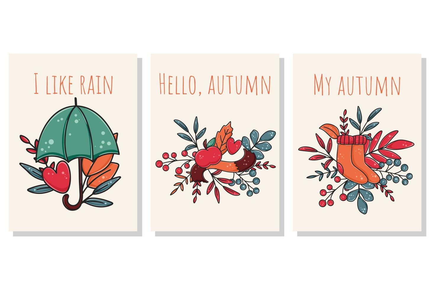 Set cards with autumn inscriptions and elements vector