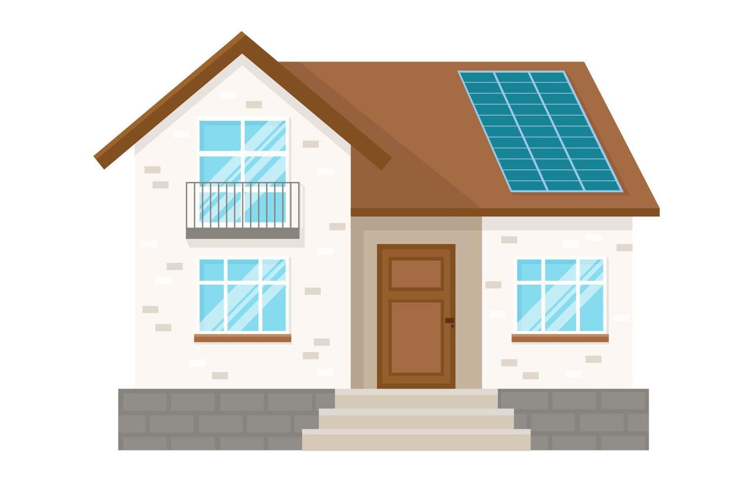 Vector illustration of traditional house with solar panels on the roof. Green energy and eco friendly concept