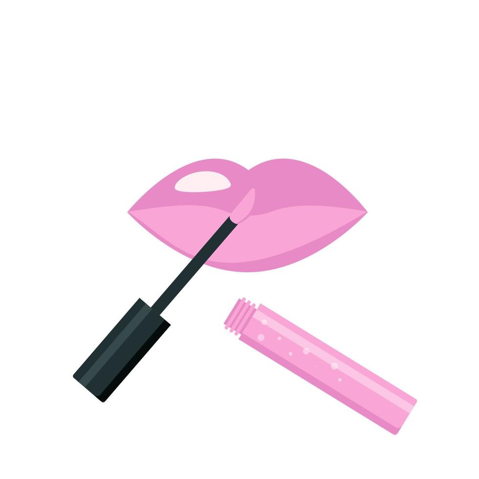 brillo rosa y labios. lápiz labial líquido de labios en botella transparente con cepillo y tapa negra. boca de glamour, proceso de maquillaje. ilustración vectorial de estilo plano vector