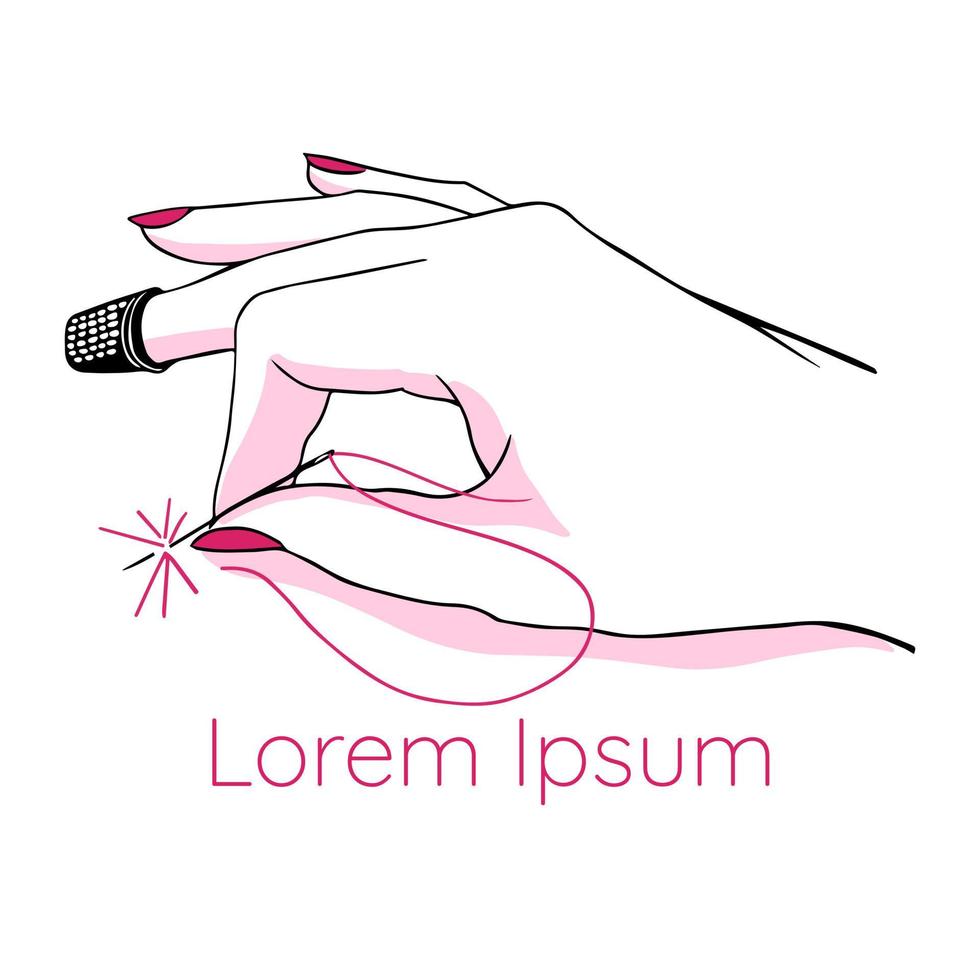 Embroidery or craft sewing logo. Vector illustration of female hand making stitches. Hand-drawn linear style emblem isolated on white background