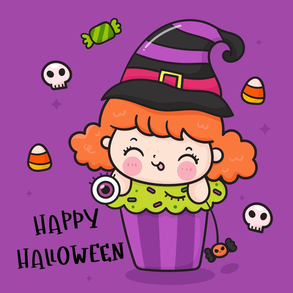 caricatura de bruja y cupcake de halloween vector