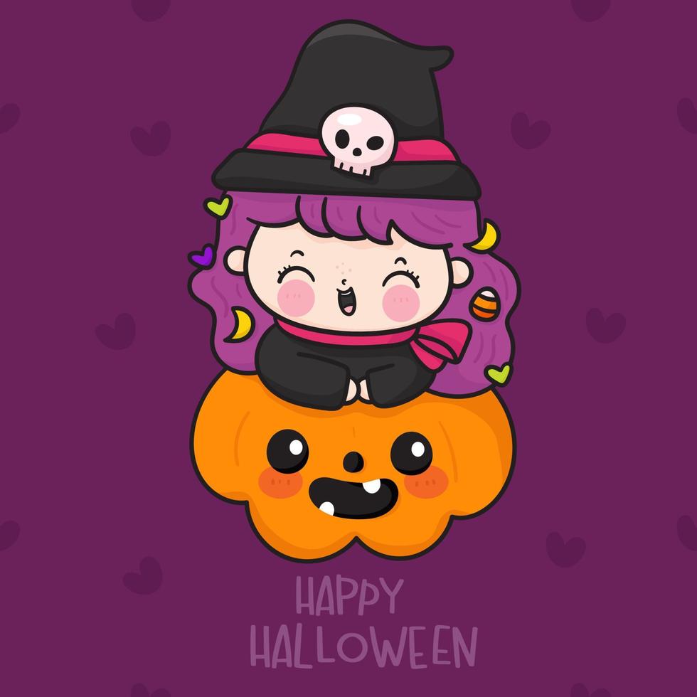 halloween card with witch and pumpkin vector