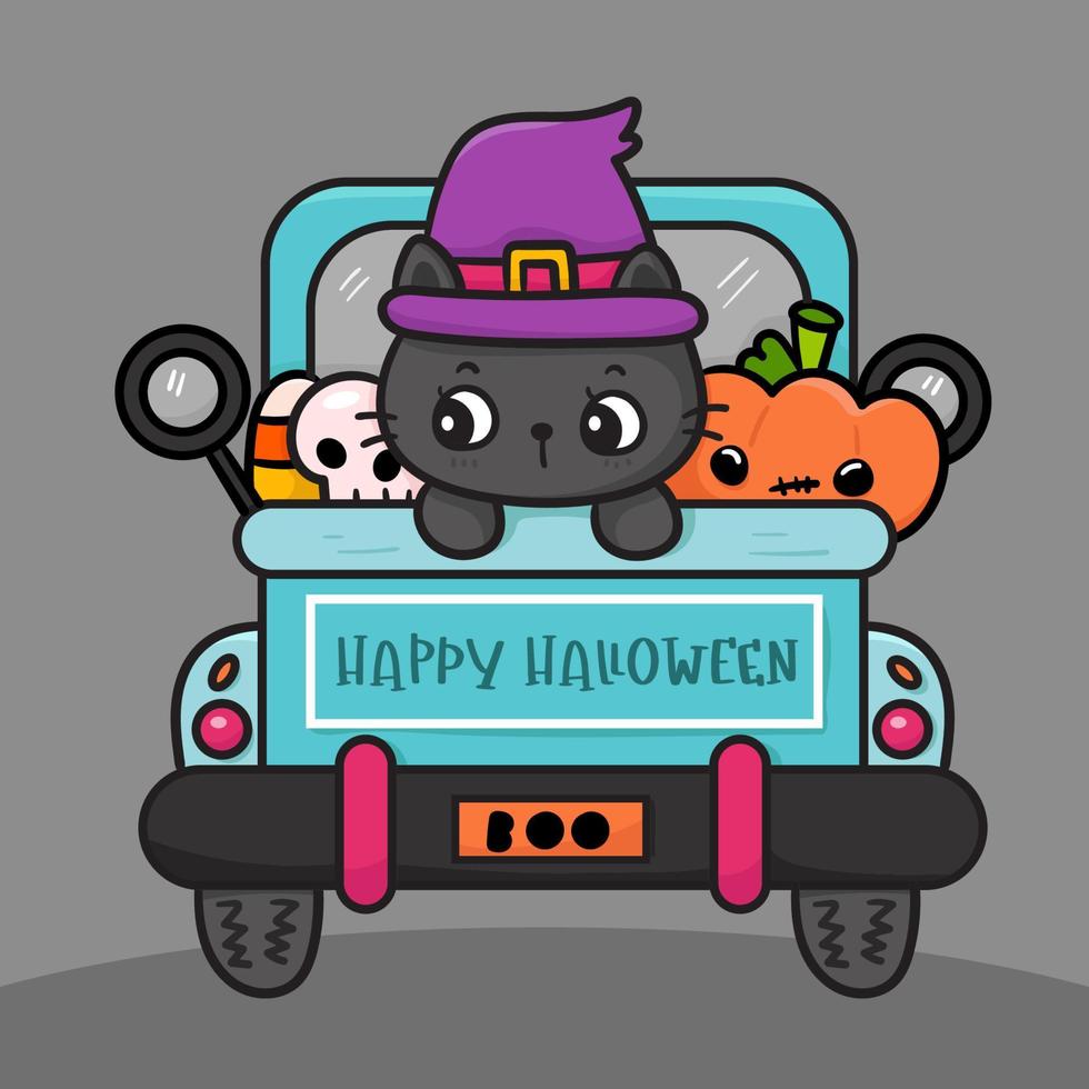 Halloween cat in halloween car spooky cartoon vector