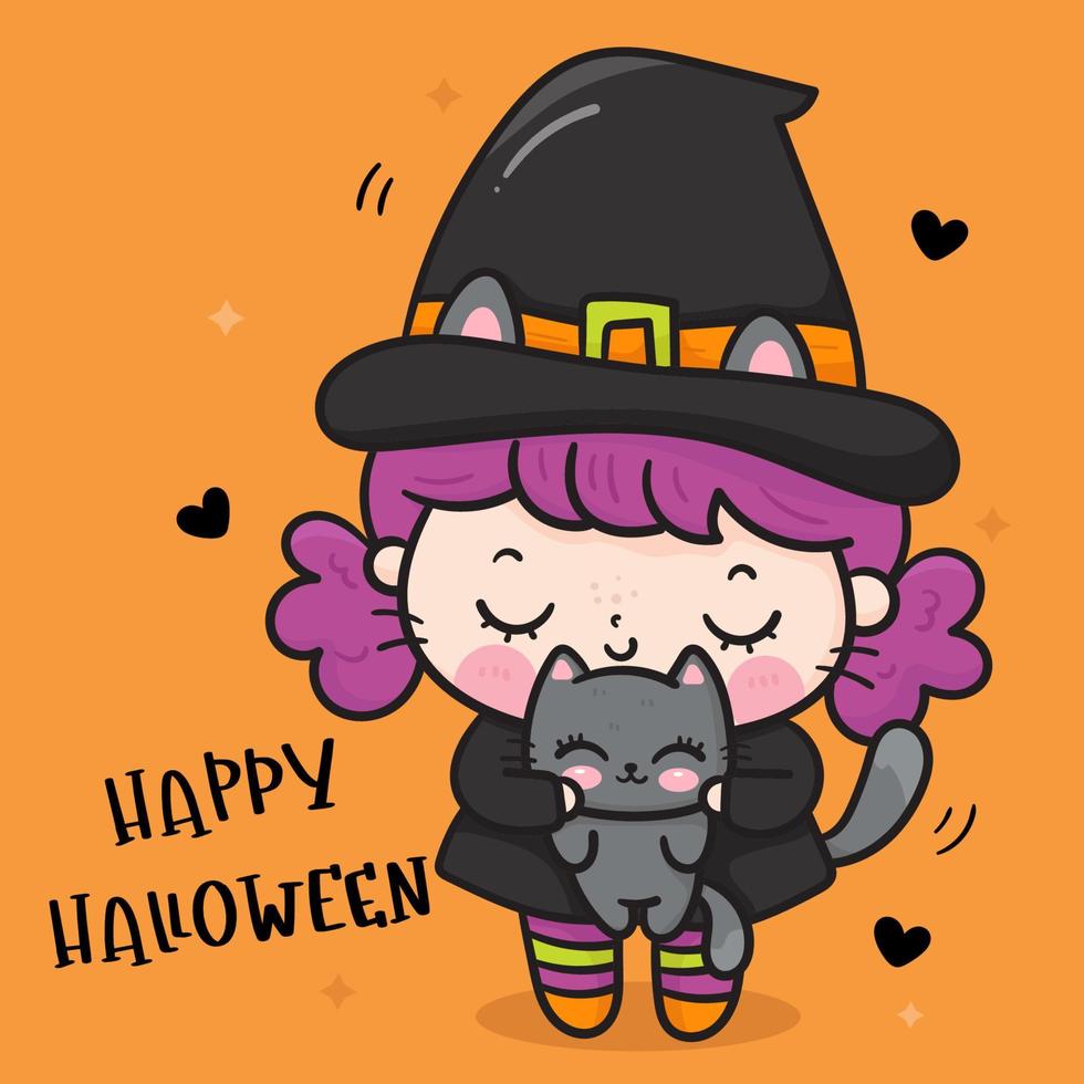 halloween, bruja, y, gato, kawaii, caricatura vector