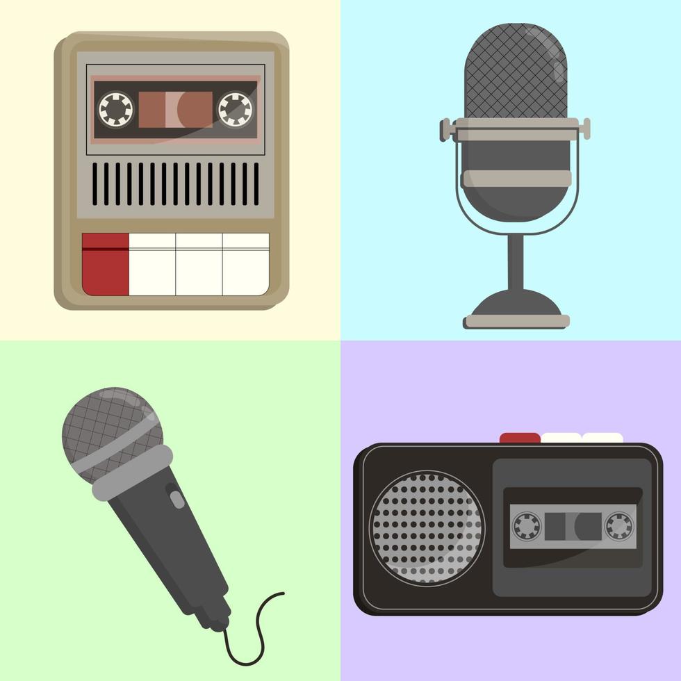 Flat design illustration of vintage recorder devices set elements. Voice recorder, podcast mic, microphone, and tape recorder. vector