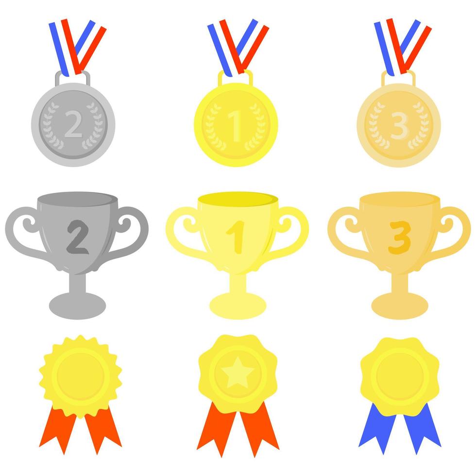 Golden, silver, and bronze medals and trophy set collections flat vector icons. For sport or achievement category.