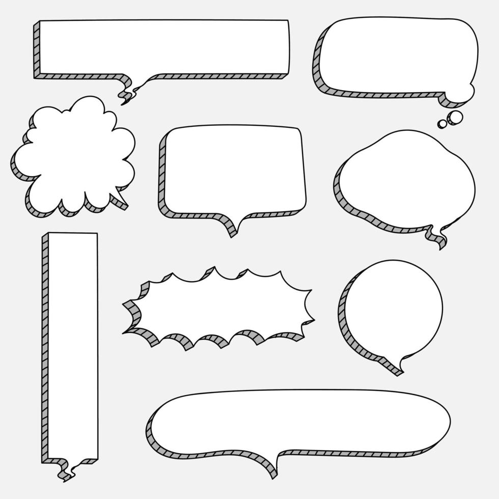 collection set of hand drawn 3D blank speech bubble balloon, think, speak, talk, text box banner, black and white color, flat design vector illustration
