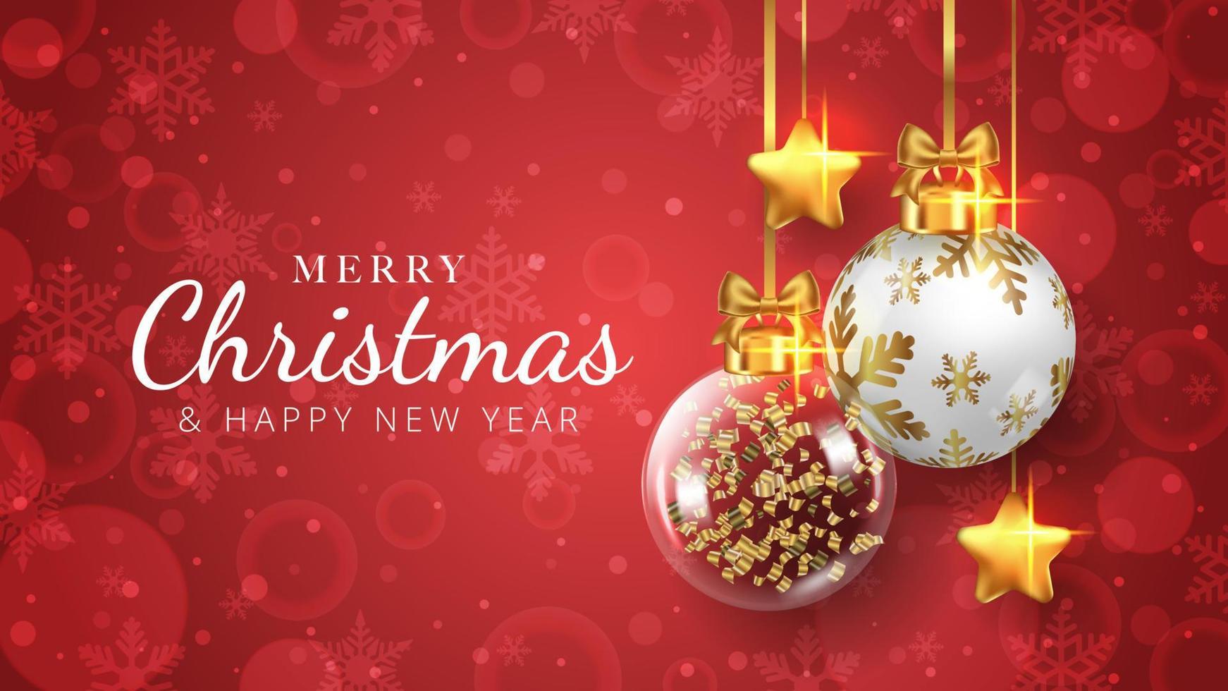 Merry Christmas background with hanging christmas balls and golden stars. Vector illustration