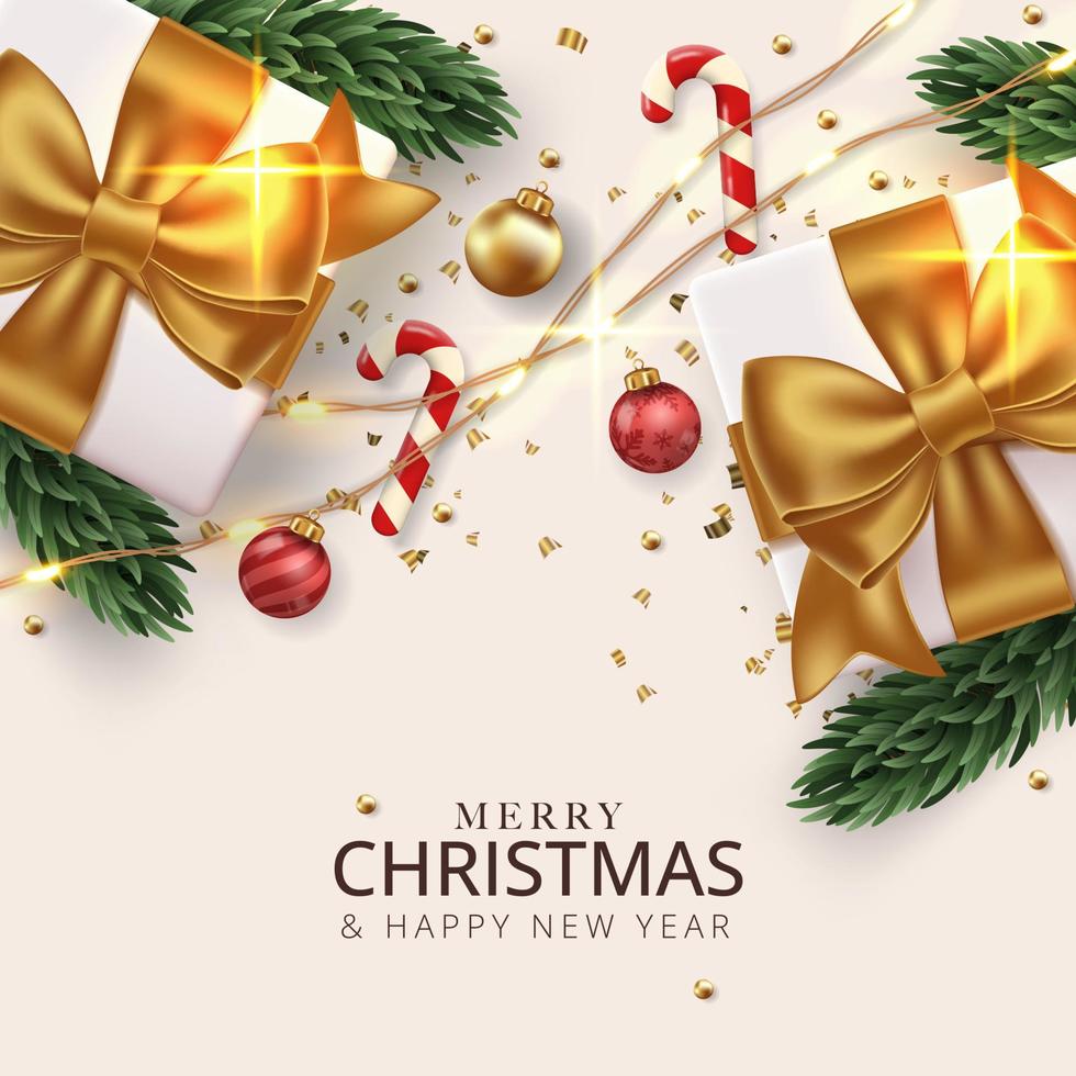 Merry Christmas background with gift, string light, christmas tree branches, candy, and christmas balls. Vector illustration