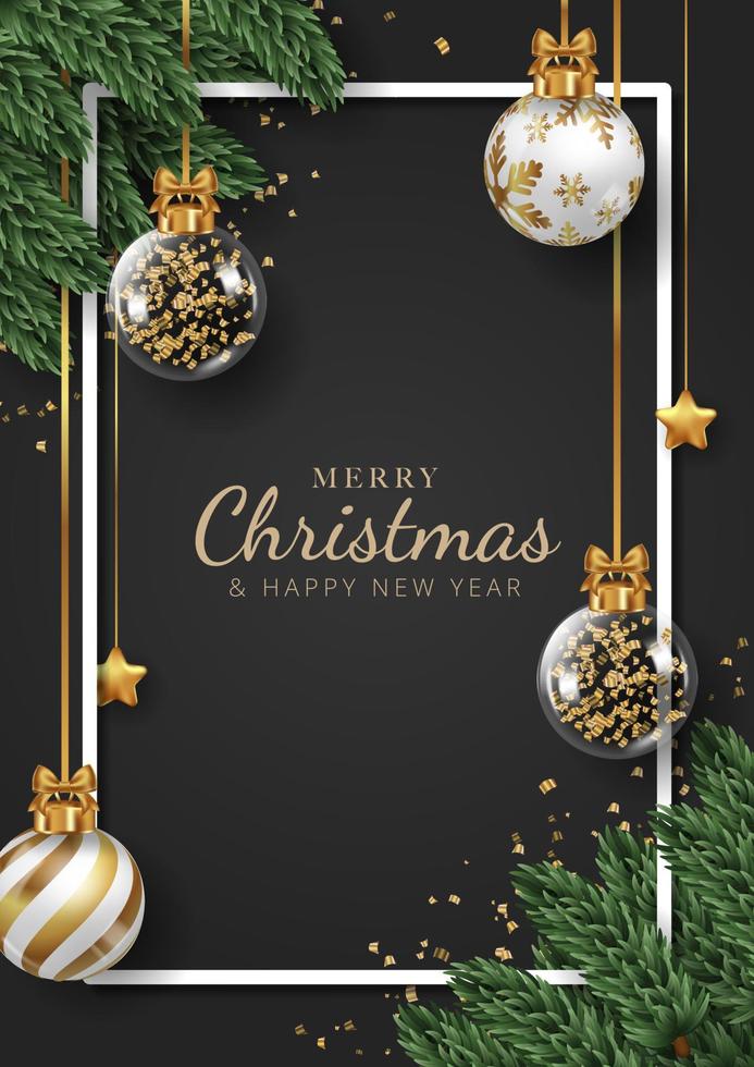 Merry Christmas poster background with christmas tree branche, christmas balls and stars. Vector illustration