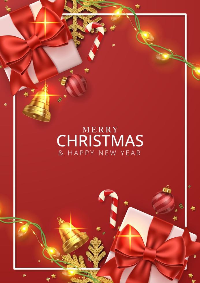 Merry Christmas poster background with gift, string light, candy, bells and snowflakes. Vector illustration