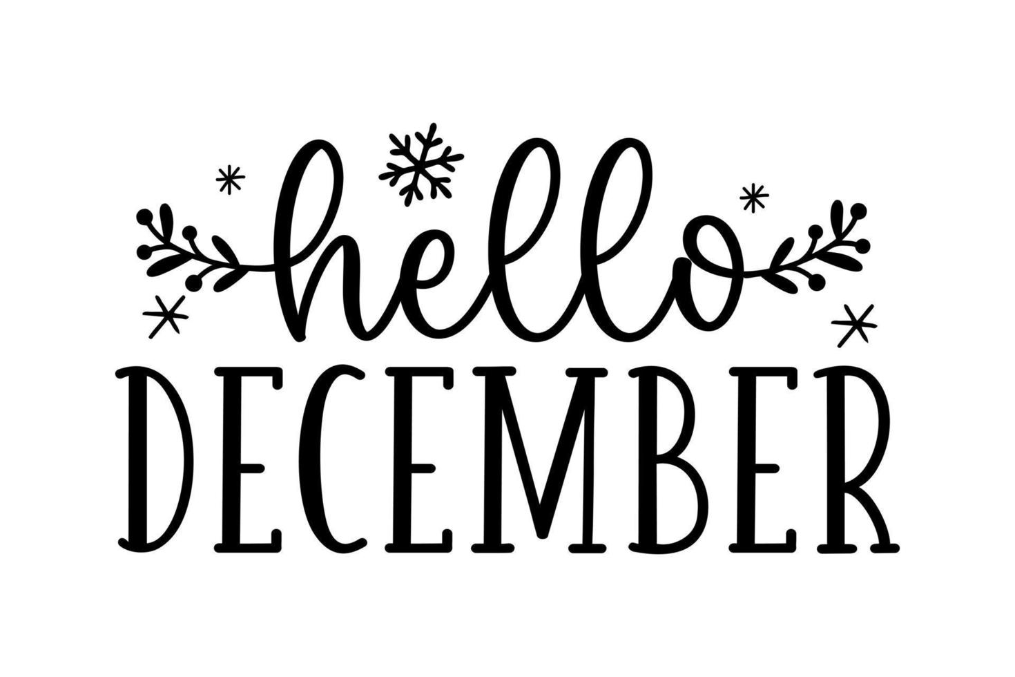 Christmas winter hello December lettering greeting card. Hand-drawn lettering poster for Christmas. Merry Christmas quotes calligraphy lettering isolated on white background, vector illustration.