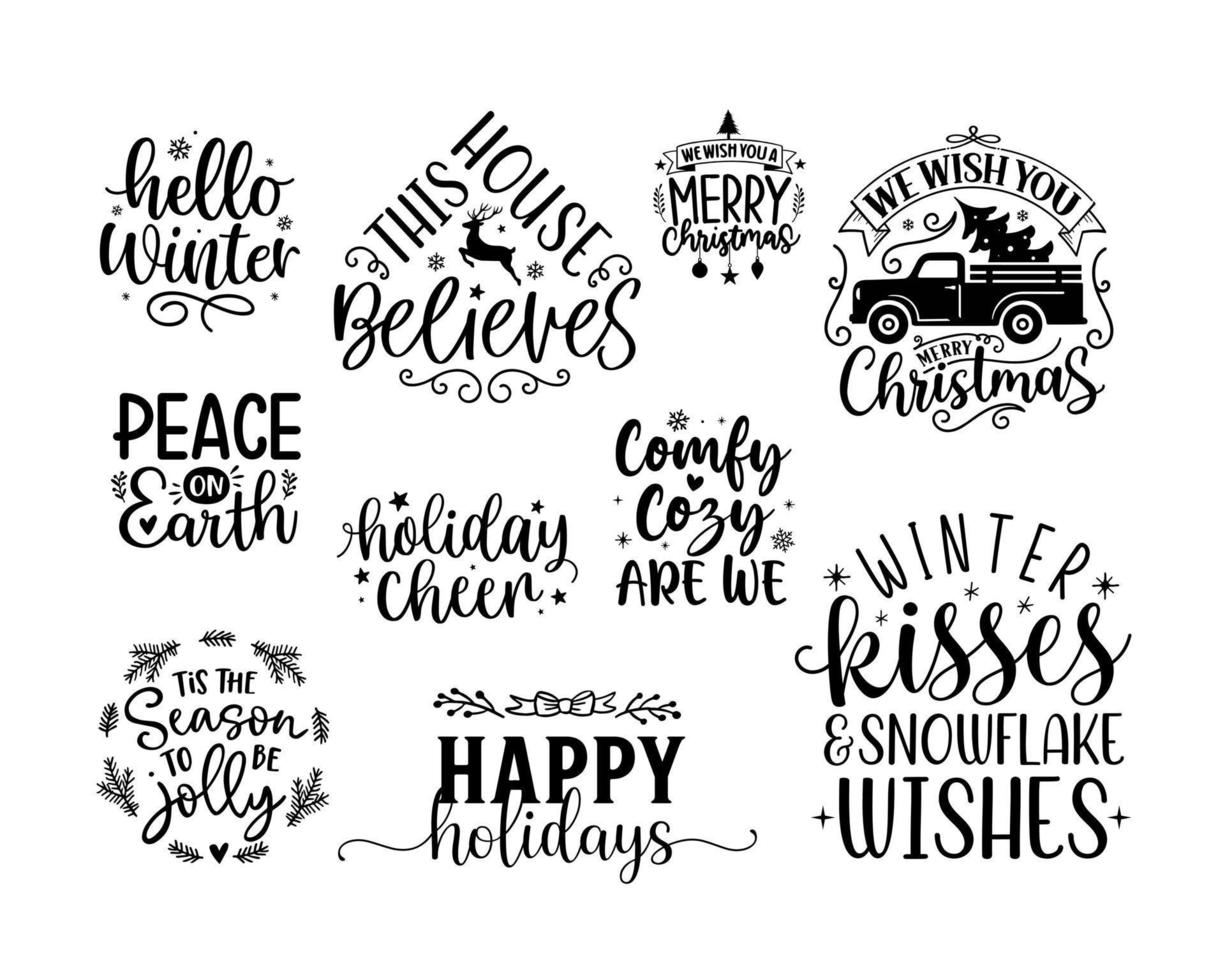 Christmas and winter lettering calligraphy vector set. Hand-drawn lettering poster for Christmas. Merry Christmas winter quotes calligraphy lettering isolated on white background, vector illustration.