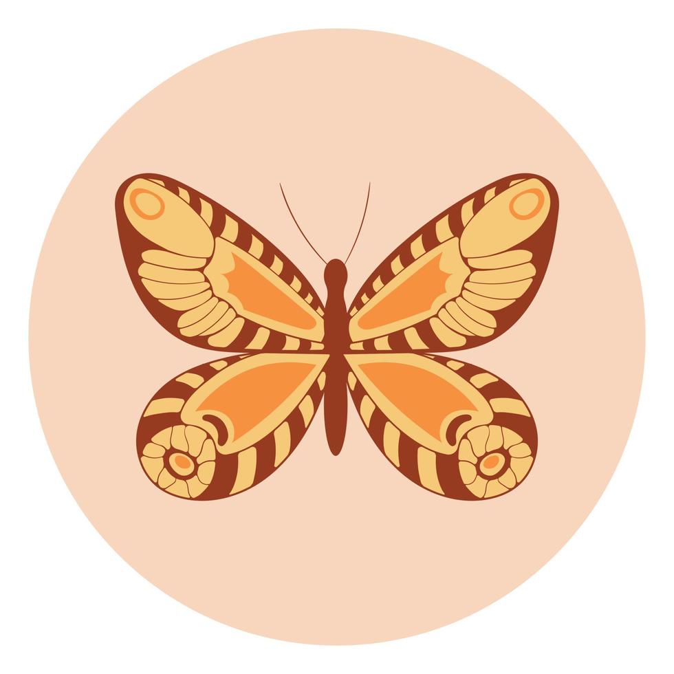 Retro sticker butterfly with vintage flowers inscribed in a circle shape in hippie style 1970 vector