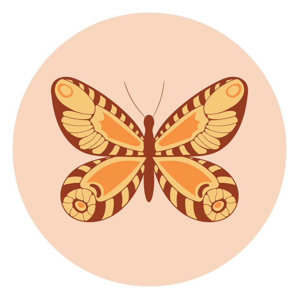 Retro sticker butterfly with vintage flowers inscribed in a circle shape in hippie style 1970 vector