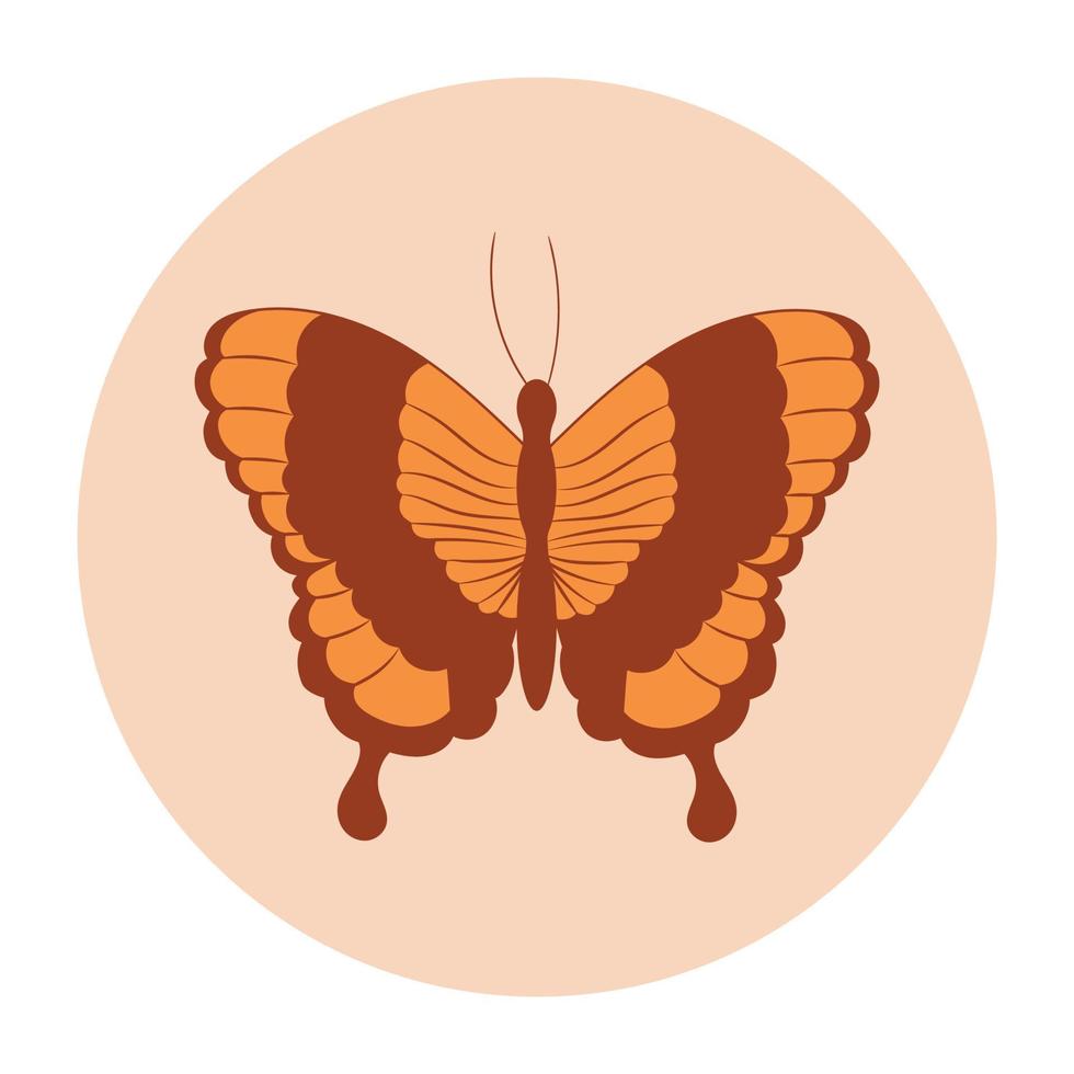 Retro sticker butterfly with vintage flowers inscribed in a circle shape in hippie style 1970 vector
