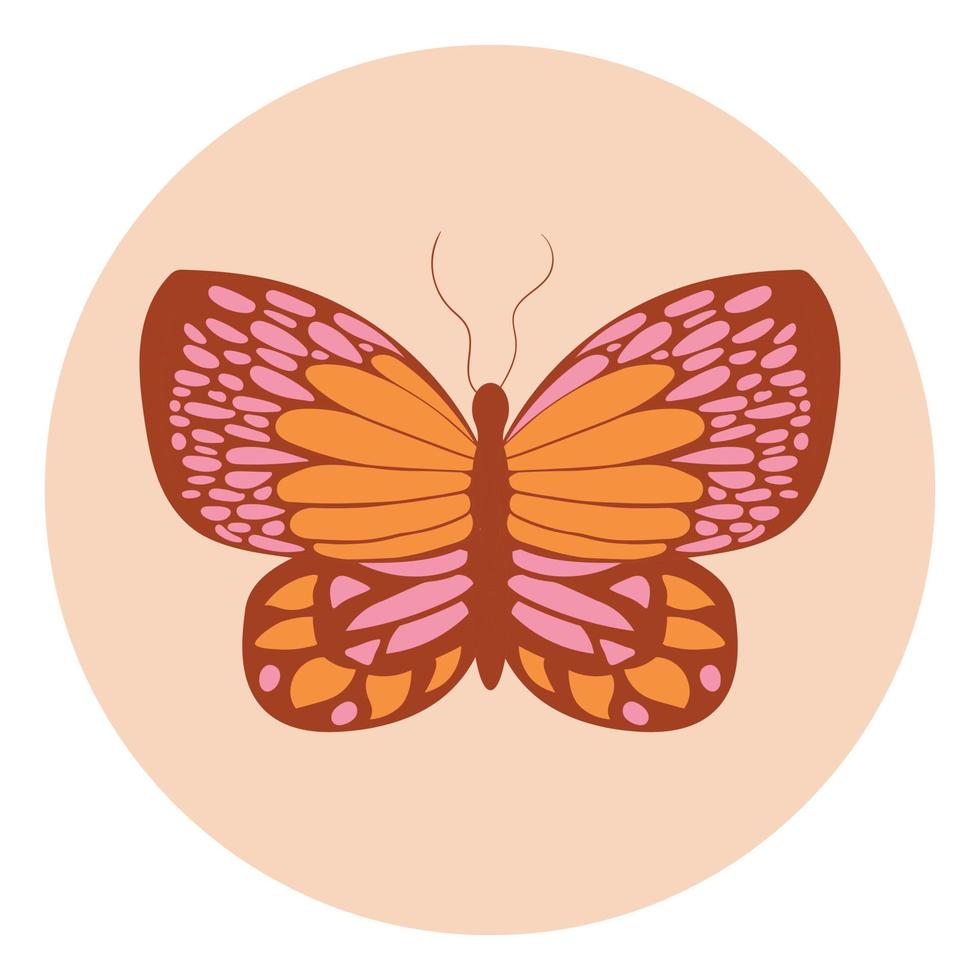 Retro sticker butterfly with vintage flowers inscribed in a circle shape in hippie style 1970 vector