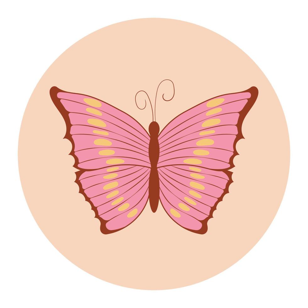 Retro sticker butterfly with vintage flowers inscribed in a circle shape in hippie style 1970 vector