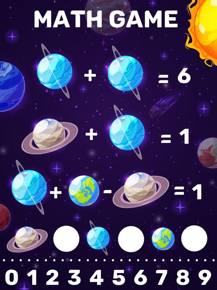 Math game worksheet with cartoon space planets vector