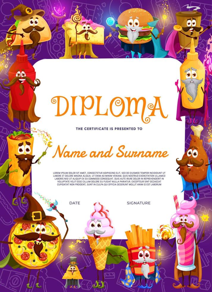 Kids diploma, fast food cartoon wizard characters vector