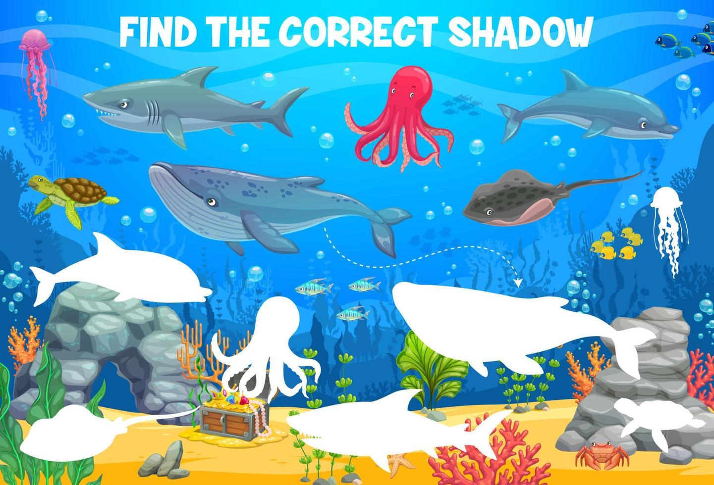 encuentra la sombra correcta de los animales marinos juego de niños vector