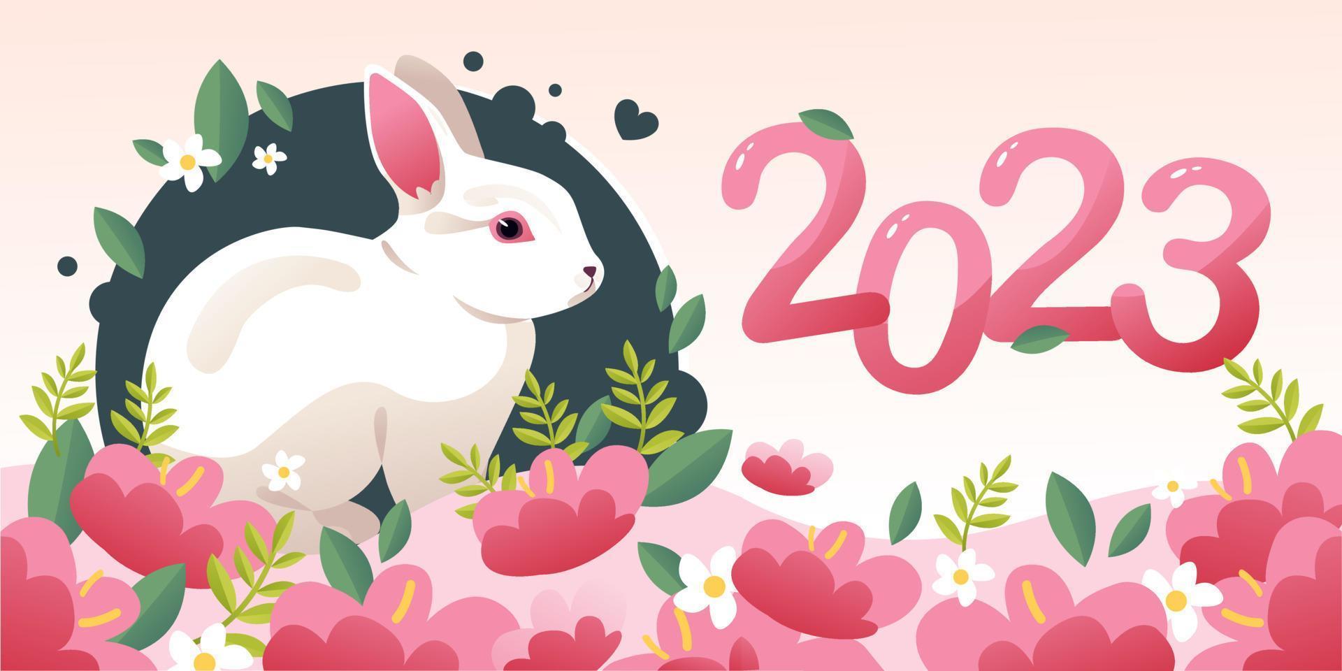 Happy New Year 2023, a postcard with a cute rabbit. The year of the rabbit. Cartoon vector illustration