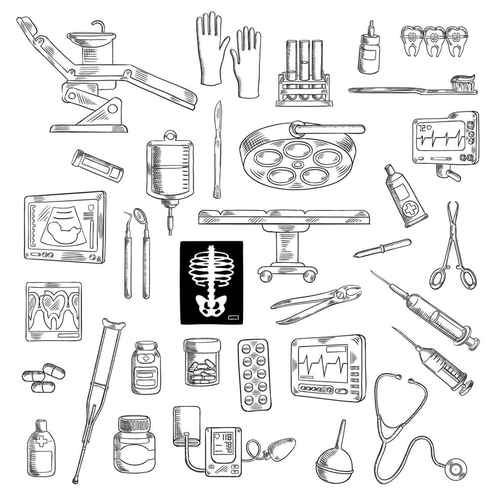 Sketch of medicine icons for hospital vector