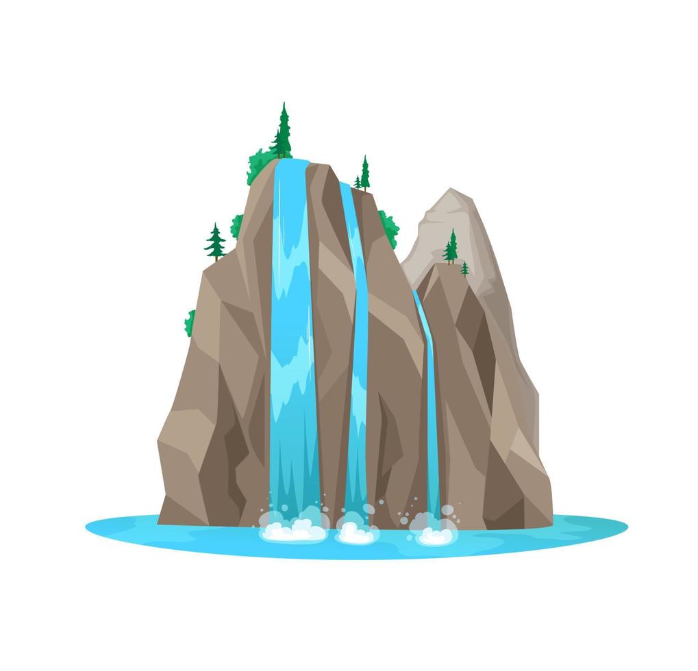 Isolated mountain waterfall, cartoon water cascade vector