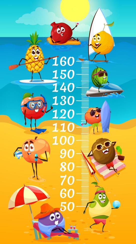 Kids height chart, funny fruits on summer beach vector