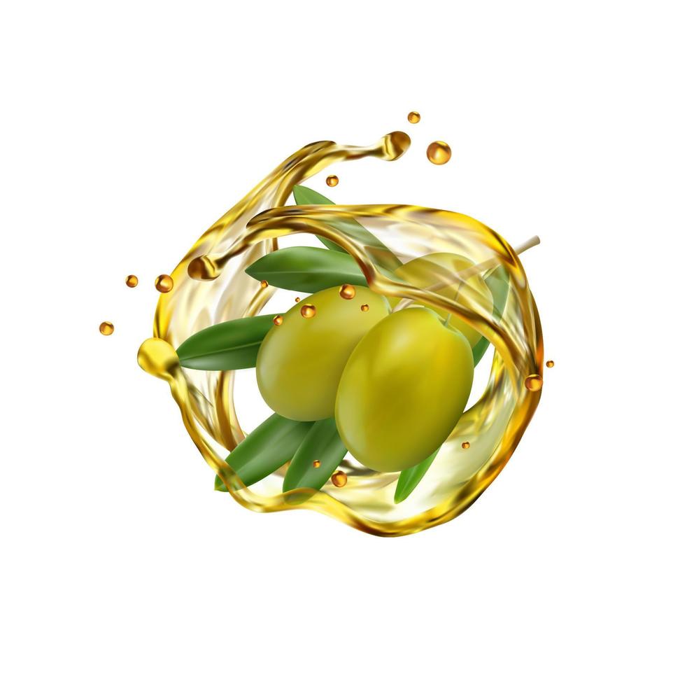 aceitunas realistas, fondo de gotas de salpicaduras de aceite vector