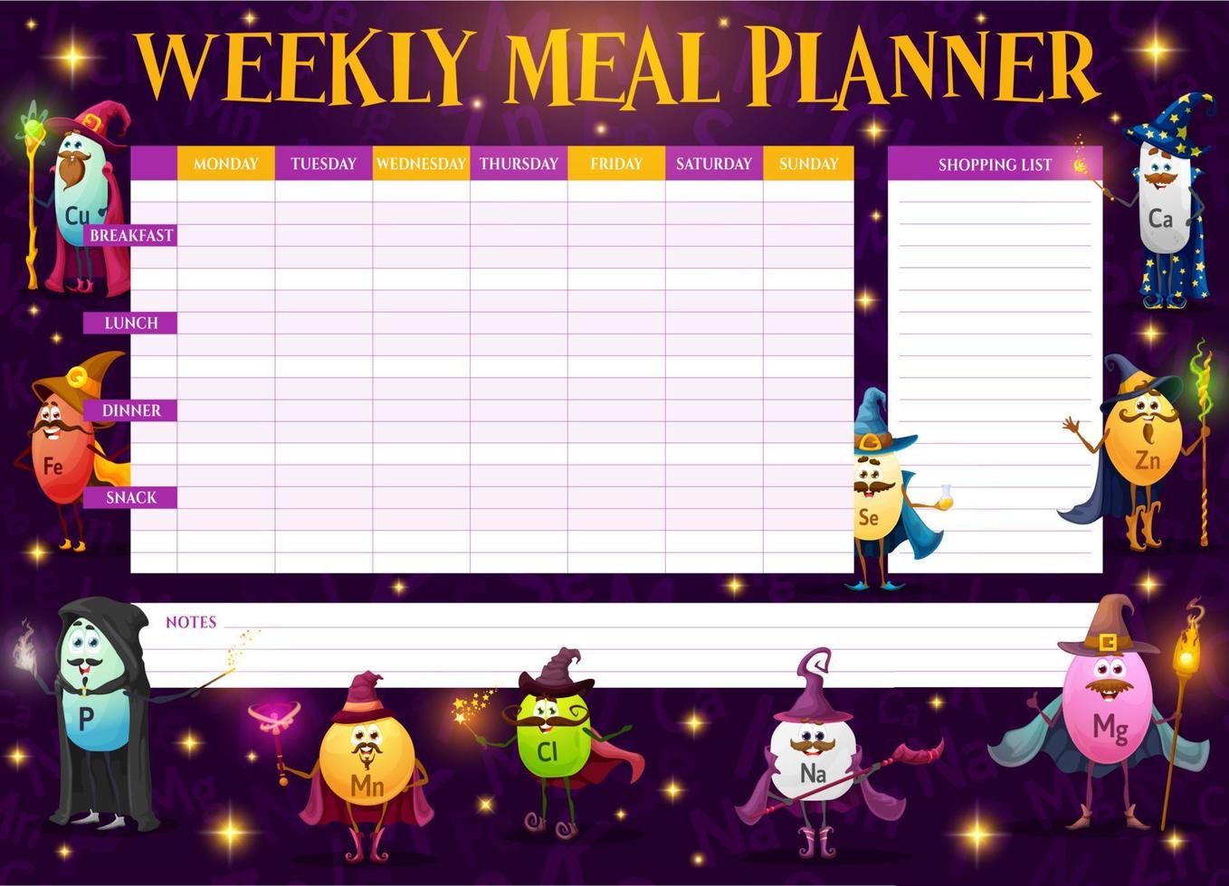 Weekly meal planner, micronutrients wizards, mages vector