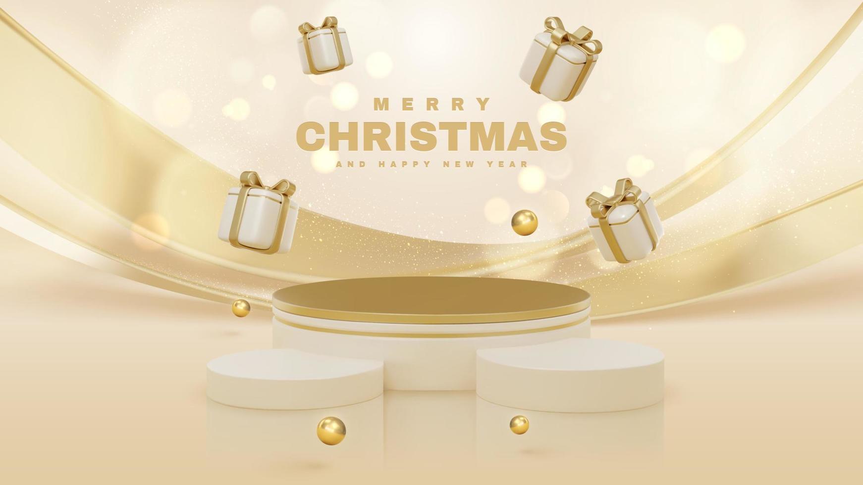 Product display podium with gift box decorations with golden ball and glitter light effect and bokeh elements. Merry christmas background and happy new year day concept. vector