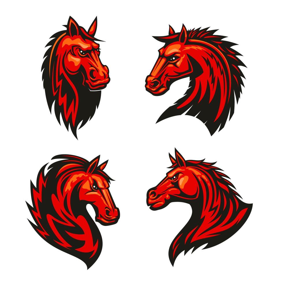 mascotas de caballos de fuego con adornos tribales de llamas vector