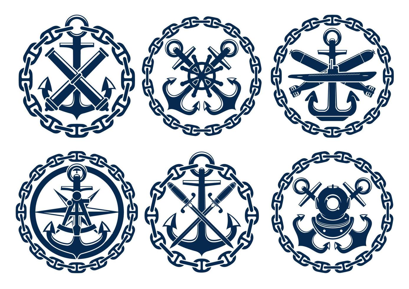 Marine and nautical emblems, icons vector