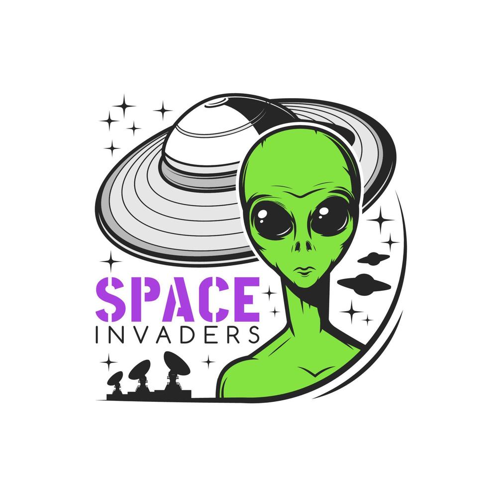 icono de invasores espaciales con extraterrestre verde y nave estelar vector