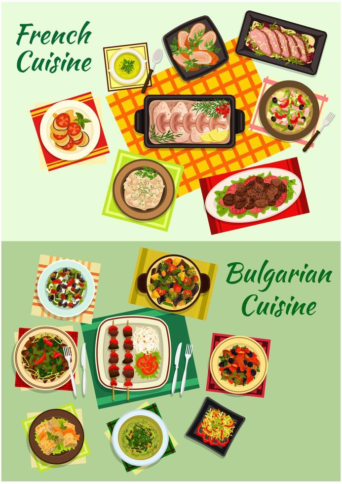 French and bulgarian cuisine dinner dishes icon vector