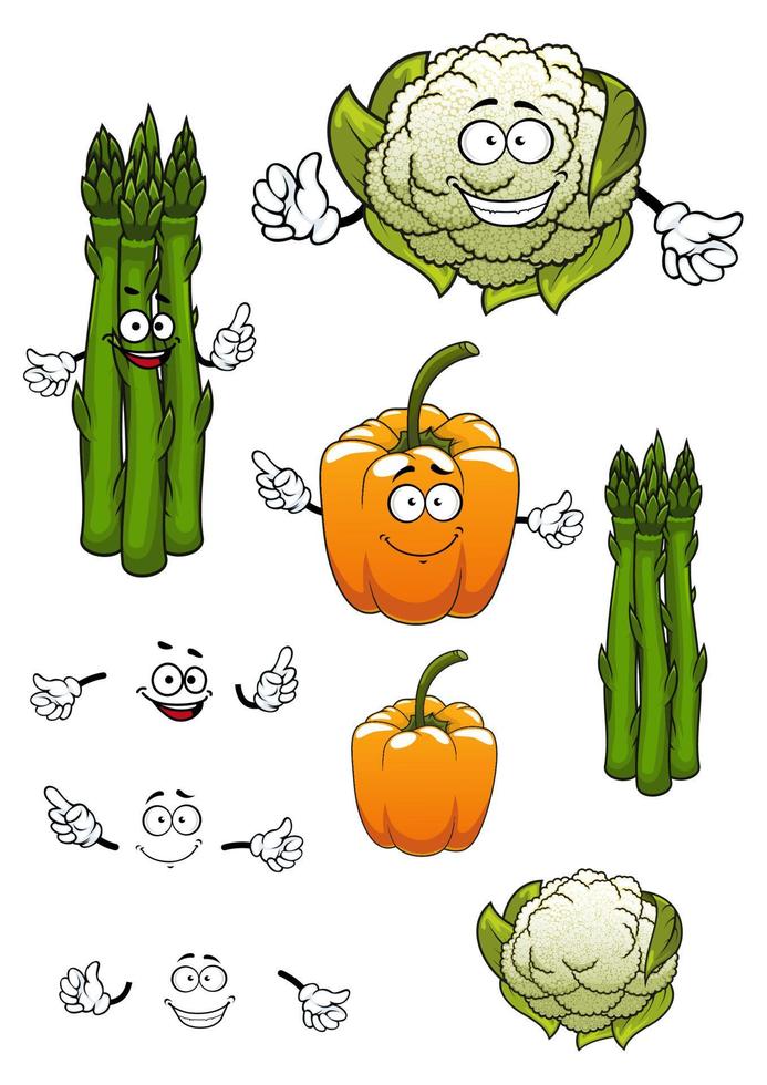 espárragos de dibujos animados, coliflor y pimiento vector