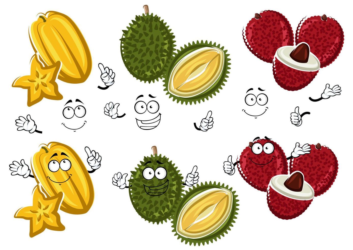 dibujos animados de lichis tailandeses, frutas durian y carambola vector